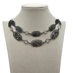 Scrollwork Filigree Necklace Crystal Dark Silver Layered Romantic Elegance
